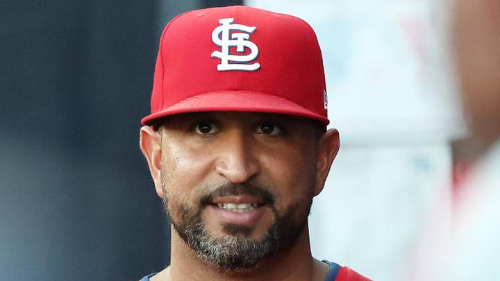 Aug 22, 2025; St. Petersburg, Florida, USA; St. Louis Cardinals manager Oliver Marmol (37) look on in the dugout against the Tampa Bay Rays at George M. Steinbrenner Field. Mandatory Credit: Kim Klement Neitzel-Imagn Images