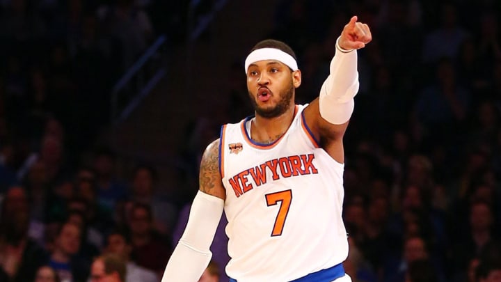 Apr 12, 2017; New York, NY, USA; New York Knicks forward Carmelo Anthony (7) dribbles the ball against the Philadelphia 76ers during the second half at Madison Square Garden. The Knicks won 114-113. Mandatory Credit: Andy Marlin-USA TODAY Sports