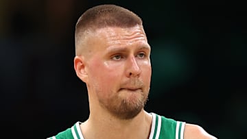 Kristaps Porzingis #8 of the Boston Celtics reacts against the Orlando Magic during the 2025 NBA Playoffs