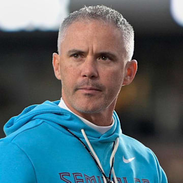Nov 1, 2025; Tallahassee, Florida, USA; Florida State Seminoles head coach Mike Norvell looks on before the game against the Wake Forest Demon Deacons at Doak S. Campbell Stadium. Mandatory Credit: Melina Myers-Imagn Images