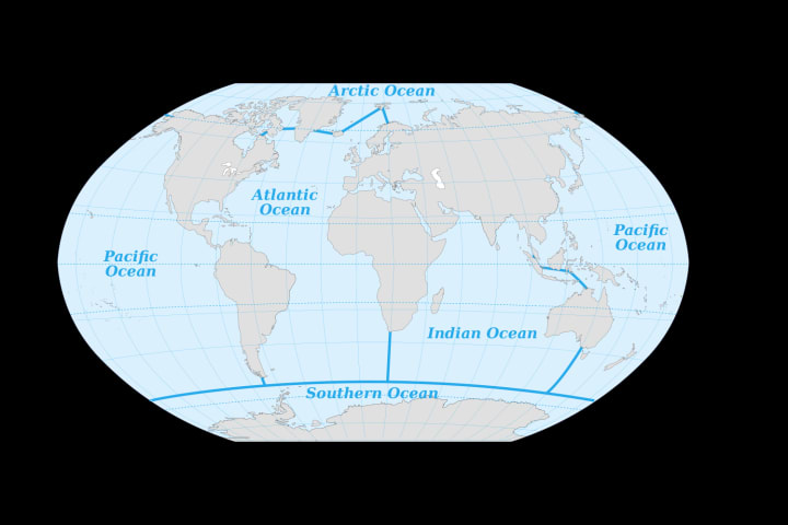 world map with labeled oceans