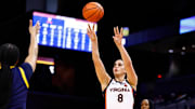 Virginia forward Edessa Noyan attempts a shot in a 2024-25 game against Coppin State in Charlottesville, Va.