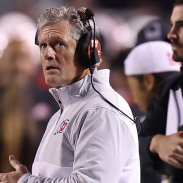 Utah Utes head coach Kyle Whittingham looks on against the TCU Horned Frogs during the second quarter at Rice-Eccles Stadium.
