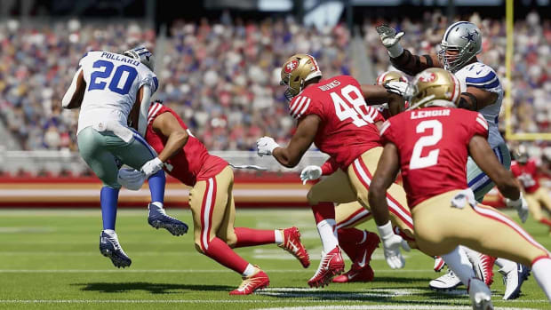 San Francisco 49ers defense makes a tackle against Dallas Cowboys running back Tony Pollard in Madden 25.