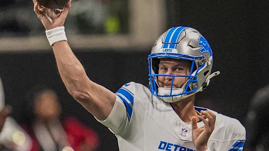 Aug 8, 2025; Atlanta, Georgia, USA; Detroit Lions quarterback Kyle Allen (8) warms up on the field prior to the game against the Atlanta Falcons at Mercedes-Benz Stadium. Mandatory Credit: Dale Zanine-Imagn Images