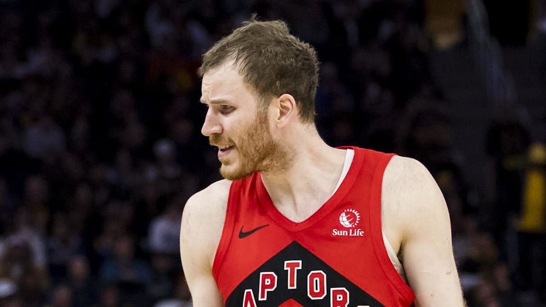 Mar 20, 2025; San Francisco, California, USA; Toronto Raptors center Jakob Poeltl (19) reacts during the fourth quarter against the Golden State Warriors at Chase Center.