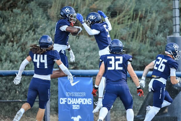Sierra Canyon celebrates a touchdown against Oaks Christian on Friday, August 30, 2024.
