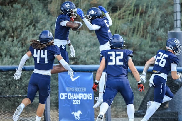 Sierra Canyon celebrates a touchdown against Oaks Christian on Friday, August 30, 2024.