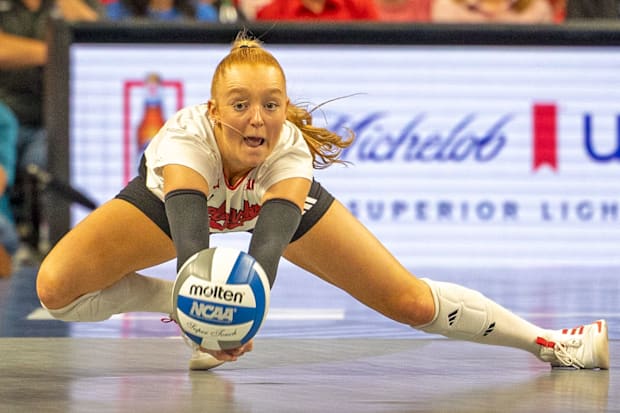 Nebraska libero Olivia Mauch digs a ball against No. 18 Creighton.