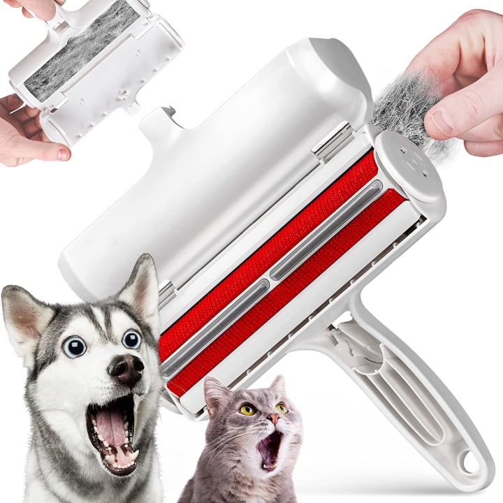A ChomChom Pet Hair Remover with a dog and cat next to it. 
