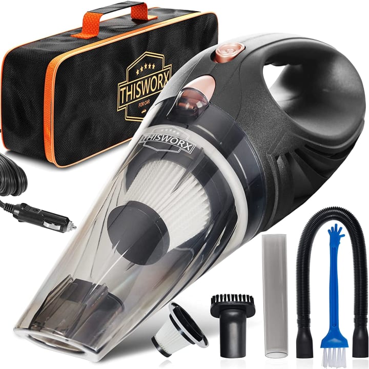 THISWORX Car Vacuum Cleaner from Amazon with accessories on a white background.