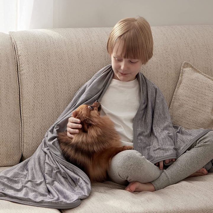 Kid and dog wearing a Bedsure Cooling Summer Blanket on a couch