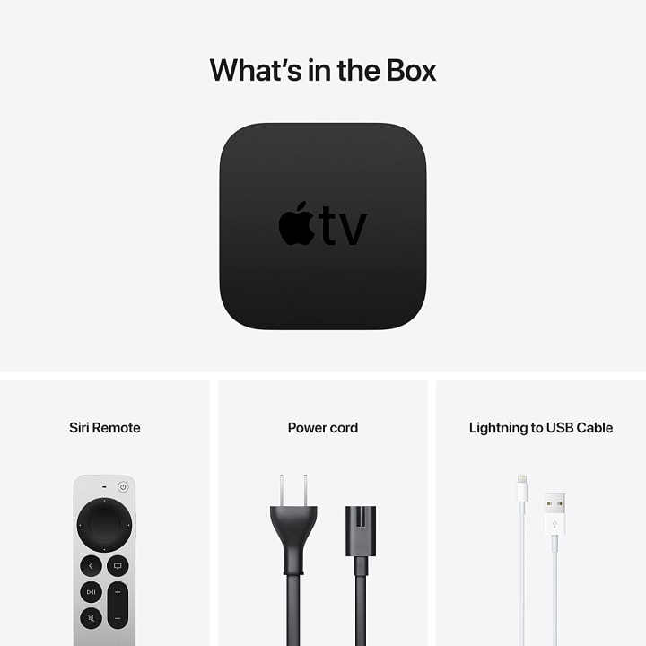 Contents inside the box of a Apple TV 4K.