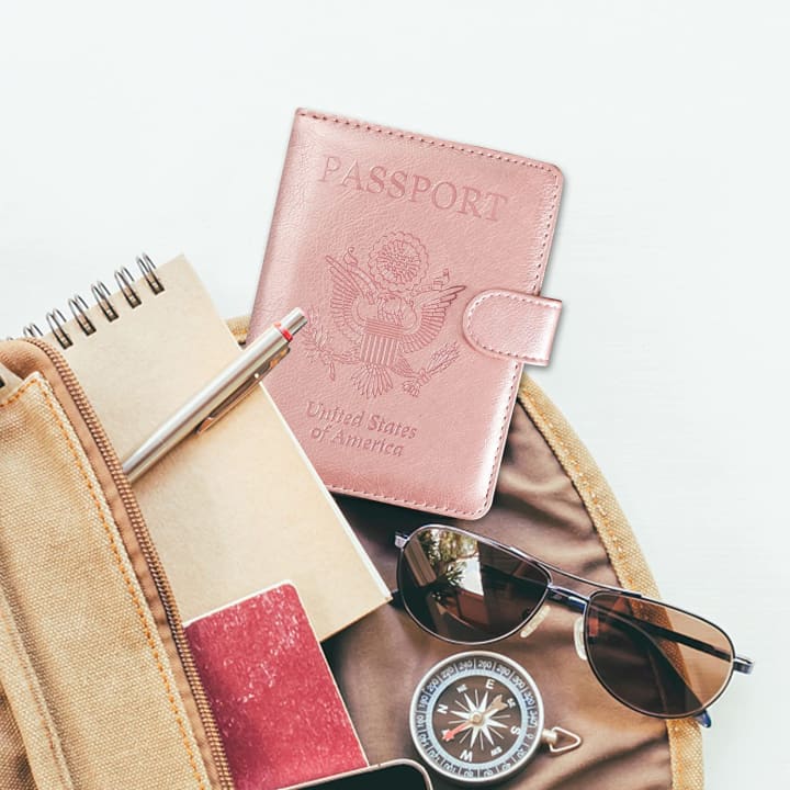 ACdream Passport and Vaccine Card Holder Combo in pink coming out of a bag.
