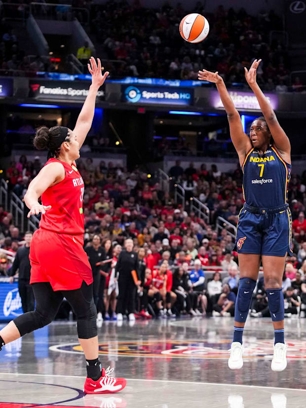 Fever forward Aliyah Boston (7) attempts a 3-pointer against the Dream. 