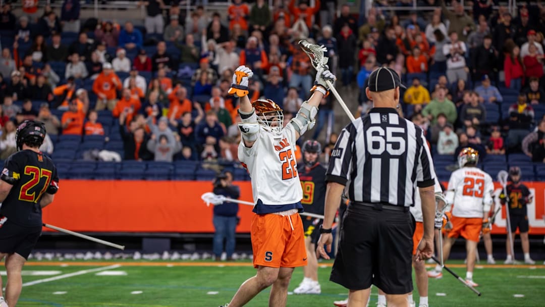 Feb 13, 2026; Syracuse, New York, USA; Syracuse Orange attackman Joey Spallina reacts in a game against the Maryland Terrapins at the JMA Wireless Dome.
