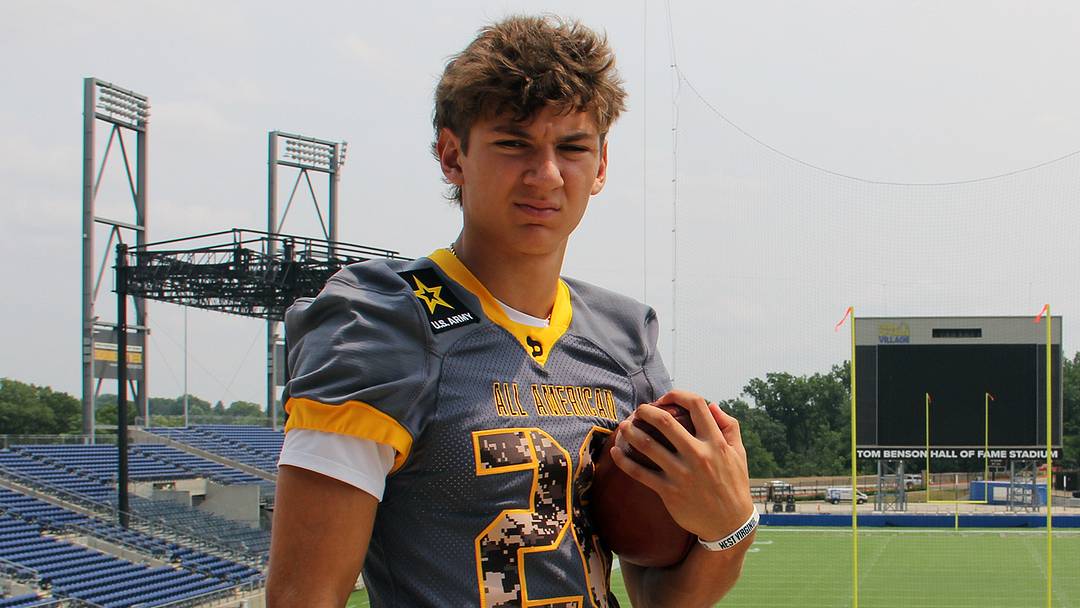 West Virginia commit Chase Guers wears his All-American Bowl jersey during a July visit to Tom Benson Hall of Fame Stadium in Canton, Ohio. West Virginia commit Chase Guers wears his All-American Bowl jersey during a July visit to Tom Benson Hall of Fame Stadium in Canton, Ohio.