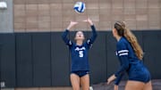 San Marcos junior setter Kylie Browne setting a teammate in a match with Classical Academy on Aug. 16. The Knights travel to Cathedral Catholic in an Open Division semifinal on Tuesday.