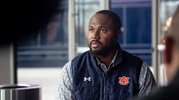Auburn secondary coach Zac Etheridge is interviewed at the Woltosz Football Performance Center in Auburn, Ala., on Thursday, Feb. 1, 2023.