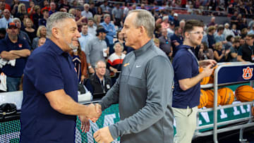 Auburn Tigers head coach Bruce Pearl and Tennessee Volunteer head coach Rick Barnes shake hands before Auburn Tigers take on the Tennessee Volunteers at Neville Arena in Auburn, Ala., on Saturday, March 4, 2023.