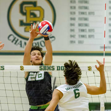 Sage Hill 6-10 outside hitter Jackson Cryst with big block in Sage Hill's five-game win at Santa Barbara for the Southern Section championship last week