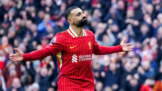 Mo Salah celebrates after a goal.
