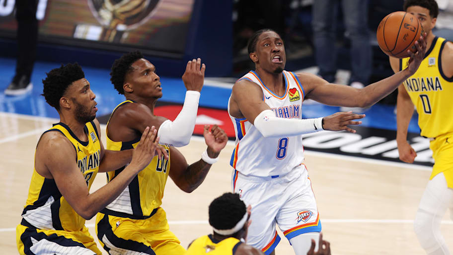 Jalen Williams drives to the basket for the Thunder in Game 5 of the NBA Finals. | William Purnell/Getty Images