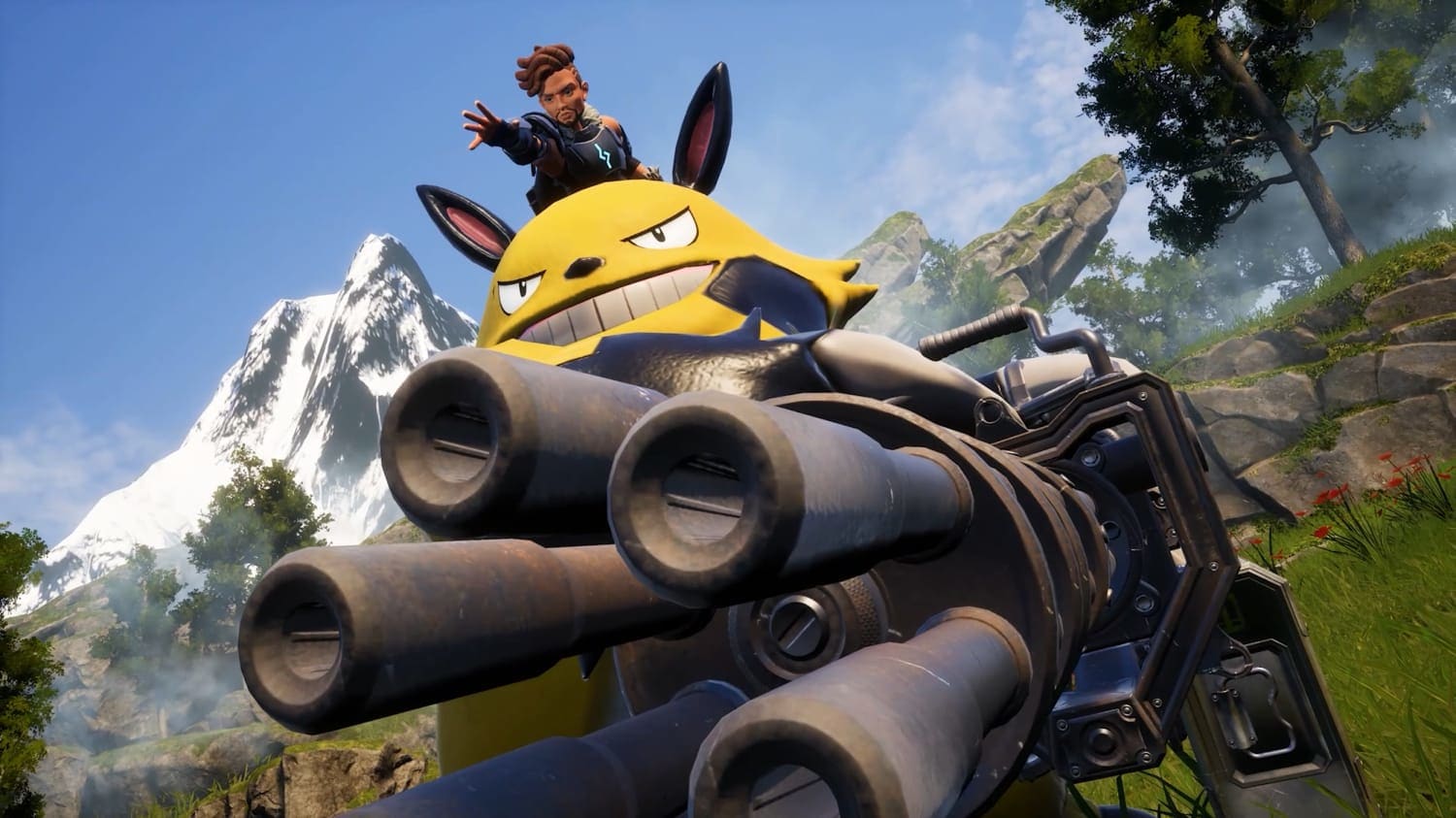 Palworld cinematic screenshot showing a fantasy creature armed with a gatling gun.