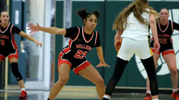 Folsom senior Jada Tupou takes a defensive stance in a January game versus Pinewood at the Ionescu Classic. Folsom senior Jada Tupou takes a defensive stance in a January game versus Pinewood at the Ionescu Classic.