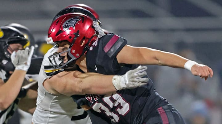 A St. Joseph's Prep defensive lineman in a game against North Allegheny in 2023.  