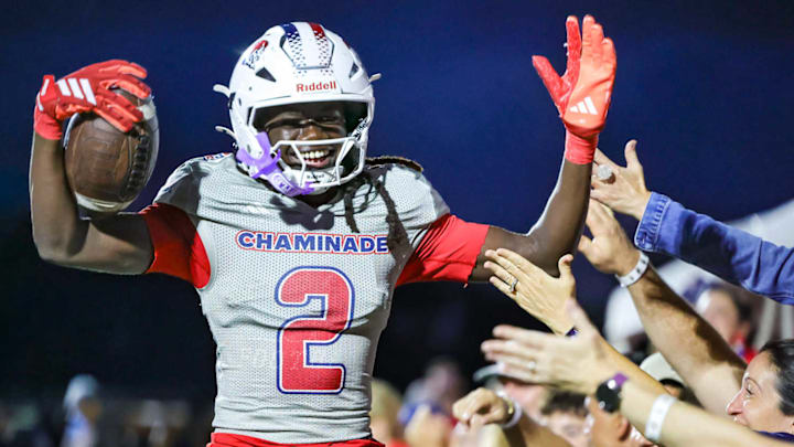 Chaminade-Madonna junior running back Arwin Jackson celebrates with fans in a game against Monarch on October 3, 2025. Chaminade-Madonna junior running back Arwin Jackson celebrates with fans in a game against Monarch on October 3, 2025.