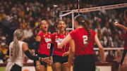 Nebraska volleyball players celebrate a point at Minnesota.