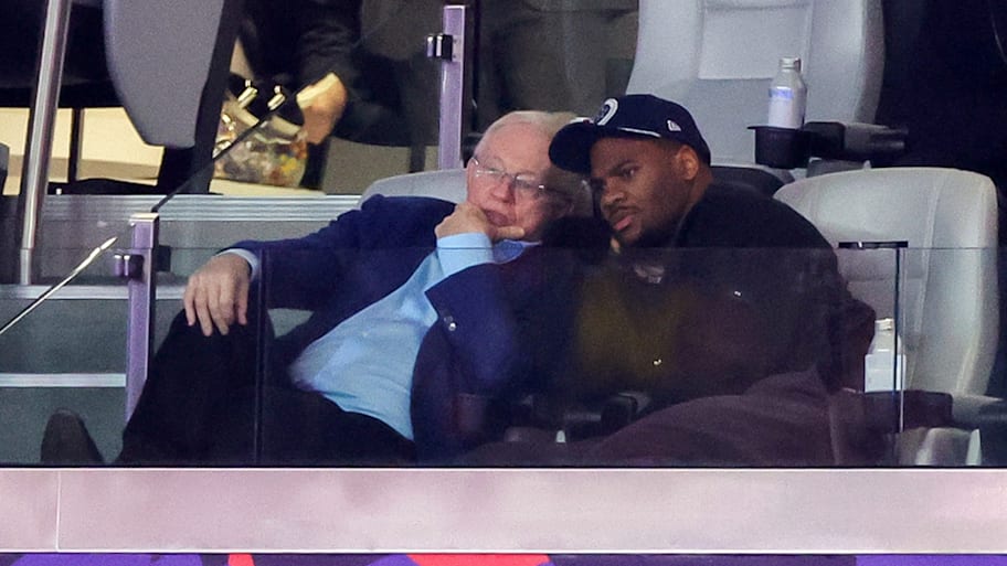 Jerry Jones and Micah Parsons speak while attending Super Bowl LVIII. | Ethan Miller/Getty Images