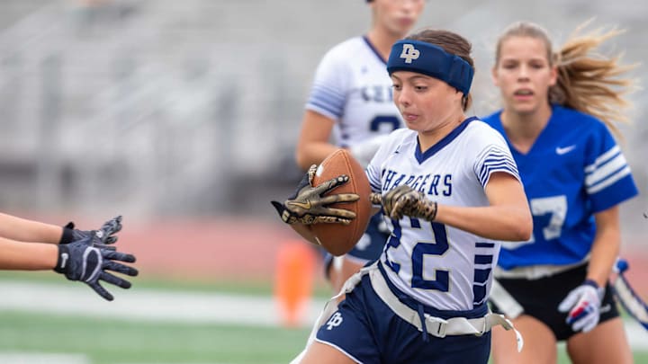 Dos Pueblos girls flag football takes on Agoura in CIF Southern Section matchup from the 2024 season. Dos Pueblos girls flag football takes on Agoura in CIF Southern Section matchup from the 2024 season.
