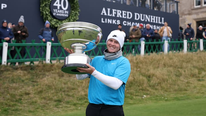 Robert MacIntyre of Scotland poses with the trophy after winning Alfred Dunhill Links Championship. Robert MacIntyre of Scotland poses with the trophy after winning Alfred Dunhill Links Championship.