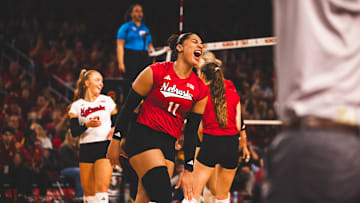 Nebraska outside hitter Teraya Sigler celebrates a point against USC. The Huskers swept USC to improve to 16-0 in the Big Ten.