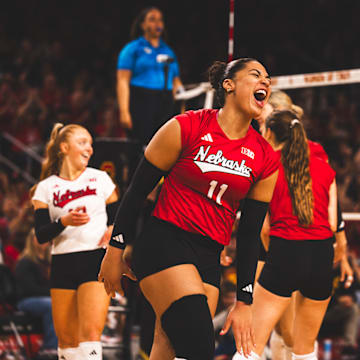 Nebraska outside hitter Teraya Sigler celebrates a point against USC. The Huskers swept USC to improve to 16-0 in the Big Ten.