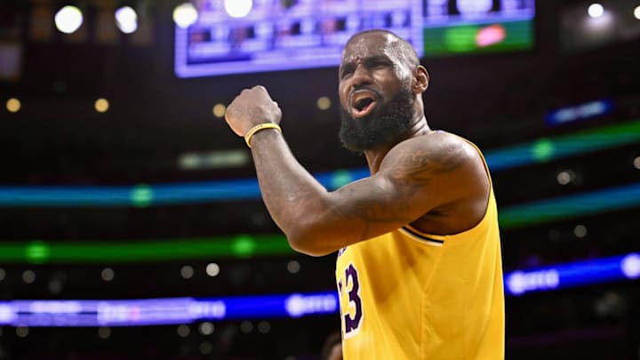 LeBron James reacts after a play.