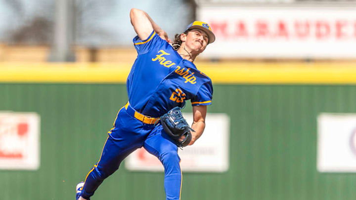 Wolfforth Frenship pitcher Weston Reynolds delivers a pitch against the Carrollton Hebron Hawks in a game on Feb. 27. Wolfforth Frenship pitcher Weston Reynolds delivers a pitch against the Carrollton Hebron Hawks in a game on Feb. 27.