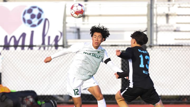 De La Salle (white) and Dougherty Valley battle in North Coast Section boys soccer action 
