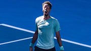 Gael Monfils celebrates after win over Taylor Fritz at Australian Open.