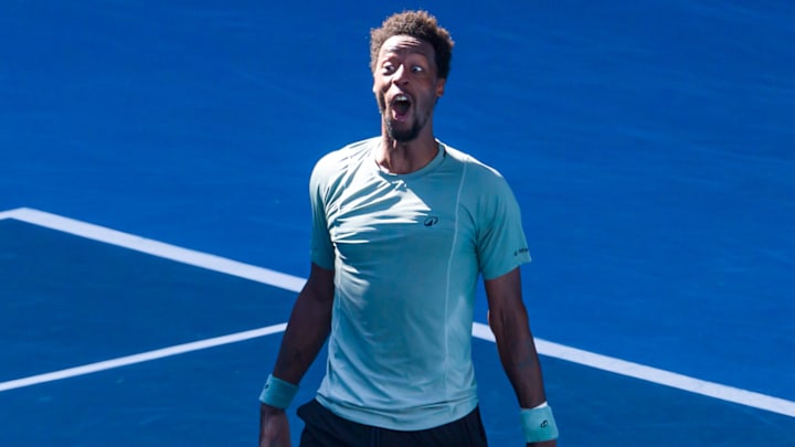 Gael Monfils celebrates after win over Taylor Fritz at Australian Open. Gael Monfils celebrates after win over Taylor Fritz at Australian Open.