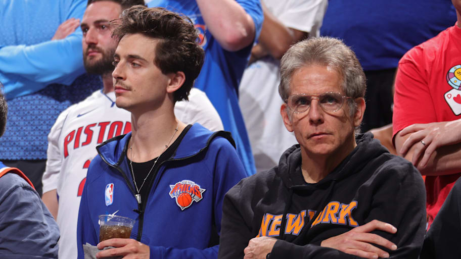 Timothee Chalamet and Ben Stiller attend a Knicks playoff game. | Nathaniel S. Butler/NBAE via Getty Images