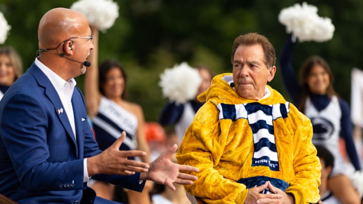 Nick Saban speaks with James Franklin before Penn State’s game against Oregon in 2025. Nick Saban speaks with James Franklin before Penn State’s game against Oregon in 2025.