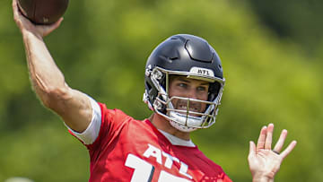 Jun 11, 2025; Atlanta, GA, USA; Atlanta Falcons quarterback Kirk Cousins (18) passes during Minicamp practice at Children's Healthcare of Atlanta Training Ground. Mandatory Credit: Dale Zanine-Imagn Images