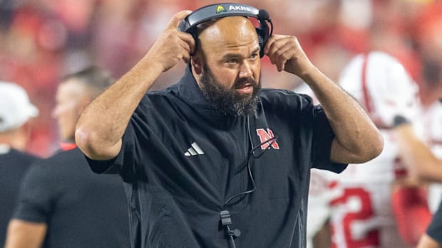 Nebraska offensive line coach Donovan Raiola on the sideline at the 2025 Cincinnati game