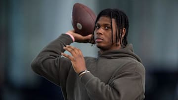 Auburn Tigers quarterback T.J. Finley (1) throws the ball  during Auburn Tigers Pro Day at Woltosz Football Performance Center in Auburn, Ala., on Tuesday, March 21, 2023.