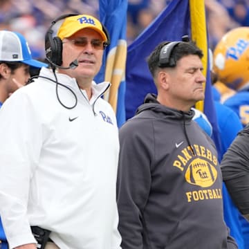 Pitt coach Pat Narduzzi looks on from the sidelines during game vs. Notre Dame.