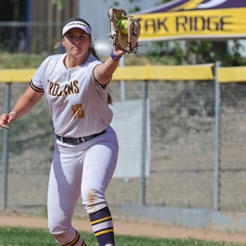 Oak Ridge first baseman Brooklyn Paratore records a putout during a a 7-1 Sac-Joaquin Section Division 1 playoff win over Folsom on May 16