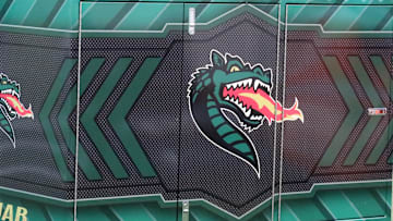 A general view of the UAB logo during a college football game.